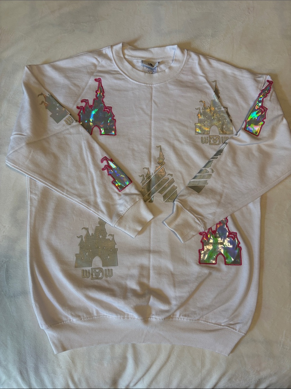 Disney White Crewneck Sweatshirt with Holographic Castle Accents